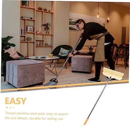 Ipetboom Natural Bristle Broom Soft Floor Brush Stainless Steel Pole Home Cleaning Tool - color: Khaki
