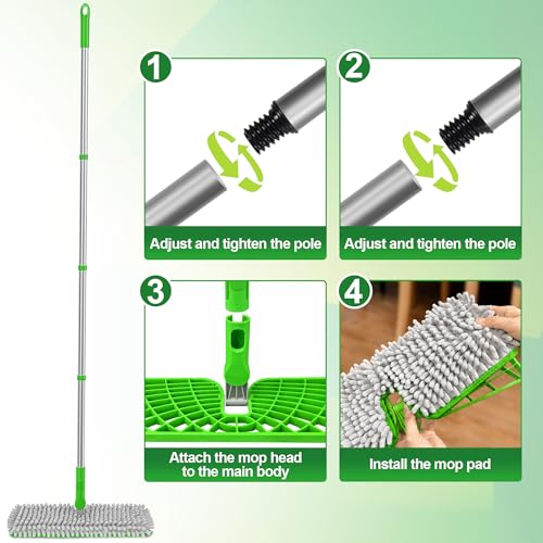2-Sided Microfiber Dust Mop for Hardwood Floors & Walls | Flat Flip Head, Wet Dry Use, 3 Chenille & Microfiber Pads, 58" Handle, 360° Swivel, Sweep Pet Hair, Tile, Laminate, Kitchen - size: 15" Mop-G