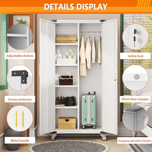 Broom Closet Storage Cabinet, Metal Cleaning Cabinets with Hanging Rod and S-Hooks, Lockable Tool Cabinets, Utility Cabinet for Garden, Bathroom, Laundry Room, White - color: White