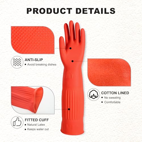 North Tower Kitchen Washing Room Gloves Fleece Lined, Reusable, Waterproof with Extra-Long Cuff & Anti-Slip Design for Household & Kitchen Use,15",2 Pairs Large - size: Large（38cm）