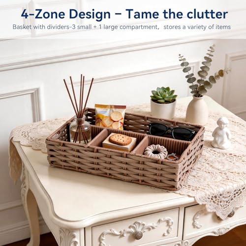 Whitmor 4-Compartment Woven Storage Basket with Dividers, Divided Makeup Organizer and Drawer Split Rattique Bin for Bathroom Countertop, Vanity, Office Desk, 11.8x7.9x2.8 Inches, Light Brown