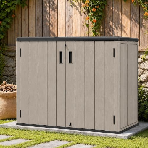 ADDOK 31 Cu.ft Horizontal Outdoor Storage Shed with Floor, Waterproof HDPE Resin Storage Cabinet with Lockable Lid and Double Doors, Patio Storage Shed for Lawn Mower, Garden Tools, Pool Supplies - size: AllGray-31 Cu.Ft