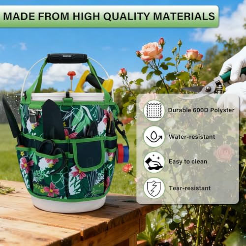 KUNN Bucket Tool Organizer 5 Gallon 18-Pocket Gardening Tool Bag with Hangable Handle | Garden Caddy & Bucket Accessory, Green - style: Green Leaf