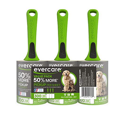 Evercare Pet Hair Lint Rollers All Purpose Use 100 Easy-Tear Sheets Per Roll Reusable Sticky Roller Pets Cat & Dog Hair Remover Contoured Handle For Furniture Clothing & Cars, Set of 3, Green - size: Pack of 3 (300 Sheets)
