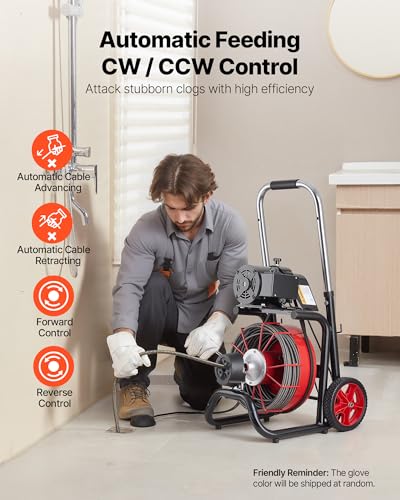 VEVOR Drain Cleaner Machine 100FT x 3/8 Inch, Auto Feed Sewer Snake Auger on Wheels, 370W Portable Drain Cleaning Machine with 8 Cutters & Air-activated Foot Switch for 2" to 4" Pipes - style: 100 FT x 3/8''