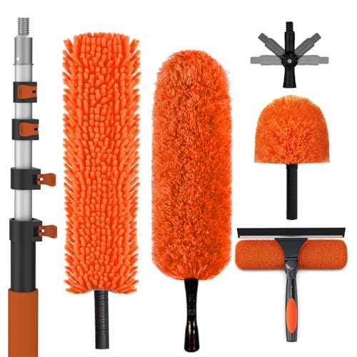 SISUPASSIE 36FT Reach High Ceiling Duster Kit, Window Cleaning kit with 7-30FT Extension Pole, Fan Duster for Ceiling Fan Blades, Microfiber Feather Duster, Rotatable Window Squeegee and Cobweb Duster - size: 30FT