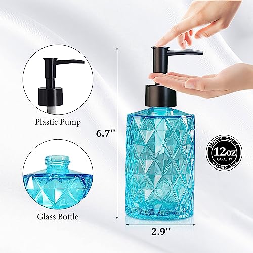 Clear Ocean Blue Glass Soap Dispenser with Plastic Pump, 2 Pack 12oz Diamond Design Bathroom Soap Dispenser for Hand Wash, Lotion Dispenser & Dish Soap Dispenser for Kitchen and Bathroom - color: Diamond Blue