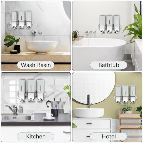 No-Drill 3 Pack 500ml Wall Mounted Soap Dispenser for Bathroom and Kitchen, Shampoo and Conditioner Dispenser Drill Free with Adhesive(Square-Silve) - color: Silver-2