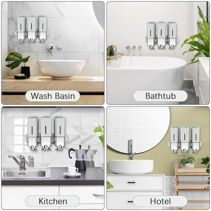 No-Drill 3 Pack 500ml Wall Mounted Soap Dispenser for Bathroom and Kitchen, Shampoo and Conditioner Dispenser Drill Free with Adhesive(Square-Silve) - color: Silver-2