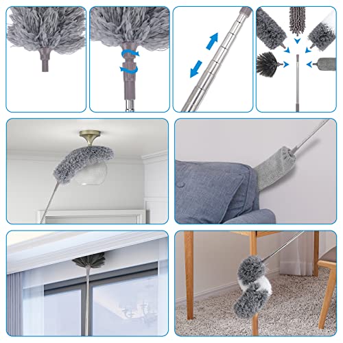 Microfiber Extendable Feather Duster (11pcs) with 100" Extension Pole, Washable Reusable Bendable Dusters for Cleaning Ceiling Fan, High Ceiling, TV, Blinds, Cars