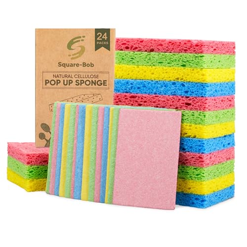 Compressed Non-Scratch Kitchen Sponges - Highly Absorbent for Dishes, Countertop, Sink, Car - Biodegradable, Quick Drying Cellulose Sponges - Assorted Colors (Pack of 24) - size: Pack of 24