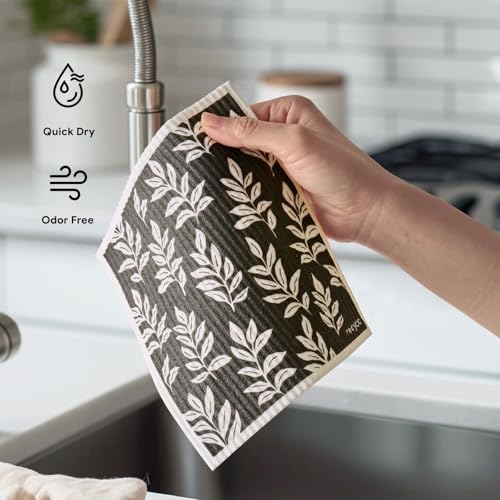 RECYCO Swedish Dishcloths for Kitchen | 5 Pack Mystic Meadows Washable Dish Rags | Cellulose Reusable Cleaning Paper Towels | Absorbent Counter Dish Cloth Sponge Kitchen Wipes, 8" L x 7" W - color: Black & White Mystic Meadows-5 Pack