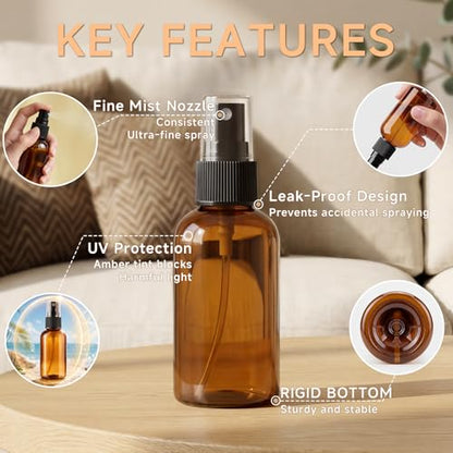 2 oz Amber Small Spray Bottle, Empty Spray Bottles plastic spray bottles Fine Mist Spray for Hair, Travel, Plants, Cleaning Solutions and Skin Care (24)