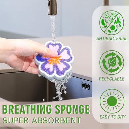 AnyDesign 4Pcs Hibiscus Flower Kitchen Sponges Water Absorbing Dish Washing Sponge Tropical Hawaiian Floral Dual Sided Non Scratch Scrubber for Summer Aloha Festival Household Supplies