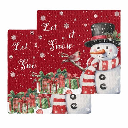 Christmas Red Dish Towels Set, Waffle Weave Kitchen Towels 2 Pieces, Snowman Snowflake Berry Bird Microfiber Hair Face Bath Tea Towel Absorbent Quick Drying Cleaning Dish Cloths, 12"x12" - color: Red, size: 2PCS,12"x12"