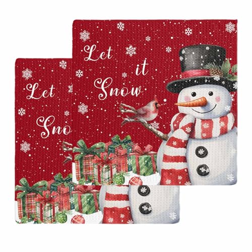 Christmas Red Dish Towels Set, Waffle Weave Kitchen Towels 2 Pieces, Snowman Snowflake Berry Bird Microfiber Hair Face Bath Tea Towel Absorbent Quick Drying Cleaning Dish Cloths, 12"x12" - color: Red, size: 2PCS,12"x12"
