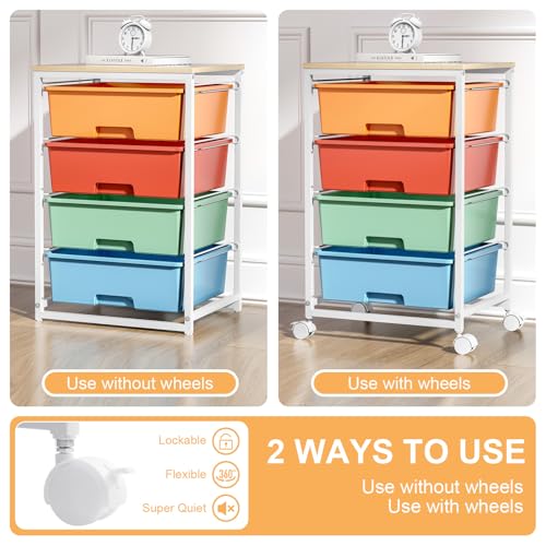 Utility-Rolling-Storage-Drawer-Craft-Cart-Organizer with 4 Drawers and Wooden Tabletop & Lockable Wheels for Home Office, Bedroom, Kids Room, Classroom, 4 Tiers Under Desk Drawer Cart, Macaron - color: Macaron