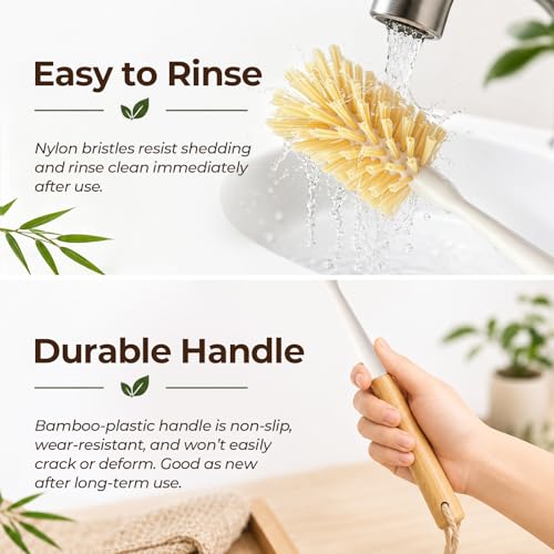 2 Pack Bamboo Bottle Brush - 11.4” Long Handle Water Bottle Cleaner Brush with Odorless Nylon Bristle, Bottle Scrubber Brush for Cleaning Mug, Glass, Sports Bottle