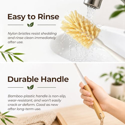 2 Pack Bamboo Bottle Brush - 11.4” Long Handle Water Bottle Cleaner Brush with Odorless Nylon Bristle, Bottle Scrubber Brush for Cleaning Mug, Glass, Sports Bottle