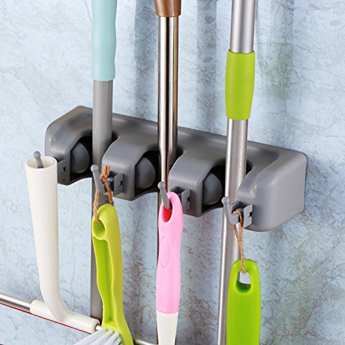 TOGU Mop and Broom Holder Wall Mounted 3 Position Storage Rack with 4 Retractable Hooks Holds up to 7 Tools Utility Weatherproof Holder for Garage Storage Systems Broom Organizer,Gray - color: Gray, size: 3 slots