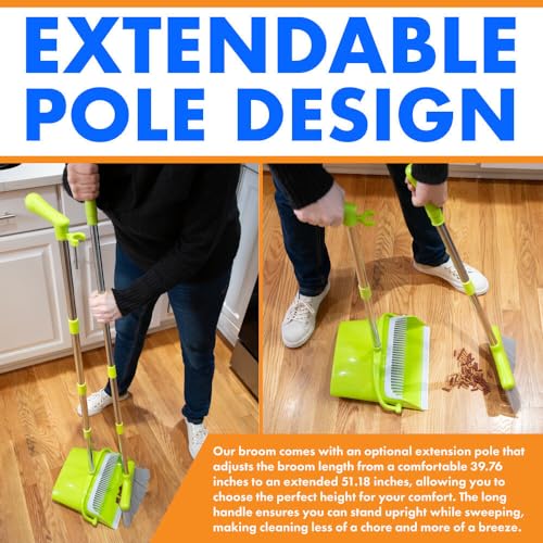 Hub City Industry Heavy Duty Broom and Dustpan Combo Set with Commercial Long Handle for Lobby, Home, Office, Cleaning Supplies, Upright Grips Sweep Set with Broom for Floor Cleaning, Green