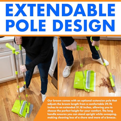 Hub City Industry Heavy Duty Broom and Dustpan Combo Set with Commercial Long Handle for Lobby, Home, Office, Cleaning Supplies, Upright Grips Sweep Set with Broom for Floor Cleaning, Green