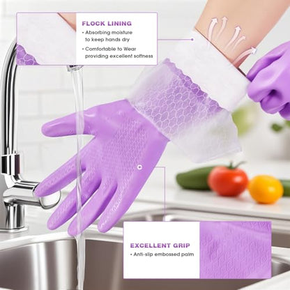 Elgood Reusable Long Dishwashing Cleaning Gloves with Latex Free, Long Cuff,Cotton Lining,Kitchen Gloves 2 Pairs,Purple+Blue Large - color: Long Cuff-purple+blue, size: Large (Pack of 2)