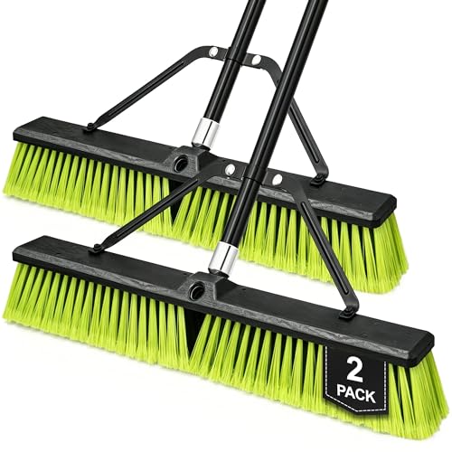 TidyBliss 2 Pack 24” Push Broom Outdoor Heavy Duty, Large Commercial Stiff Bristle Brush with 63 inches Long Handle for Garage Shop Garden Yard Patio Deck Street Warehouse Lawn Driveway (Yellow-Green) - color: Yellow-green
