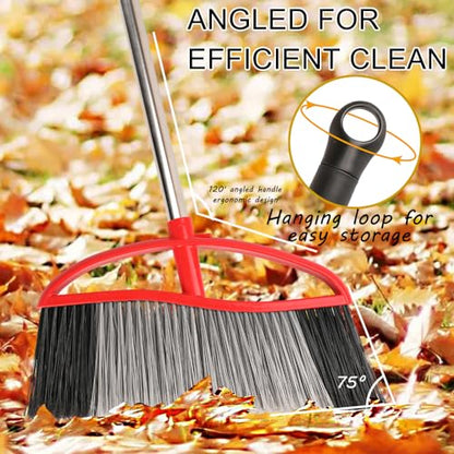 Commercial Heavy Duty Outdoor Broom, 15.7" Extra Wide Angle Broom with 4-Layer Stiff Bristles, Adjustable 38-53.5" Handle for Patio Garage Garden Yard Concrete (Red) - color: Red