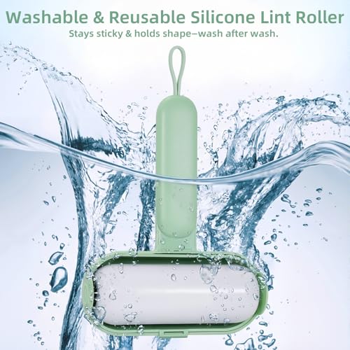 Reusable Lint Roller for Pet Hair Extra Sticky, Washable Silicone Lint Roller Reusable for Clothes, Mini Travel Size Portable Sticky Lint Roller with Handle & Hanging Loop, Green 1 Pack