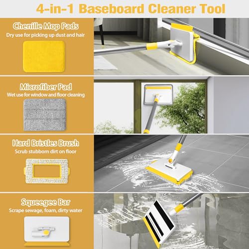JEHONN Baseboard Cleaner Tool with Handle, 56 inches Base Boards Cleaning Mop Scrubber, 1 Stiff Bristles Brush, 2 Chenille and 2 Microfiber Pads, Wall Duster for Floorboard Ceiling Window (Yellow) - color: Yellow