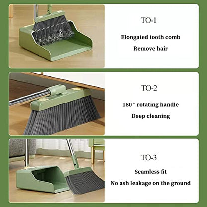 Broom and Dustpan Set, Broom with Dustpan Combo Set Hand Brooms for Home & Kitchen with Elongated Tooth Comb, Long Handle Upright Stand Up Outdoor Brooms, Household Cleaning Supplies Home Essentials
