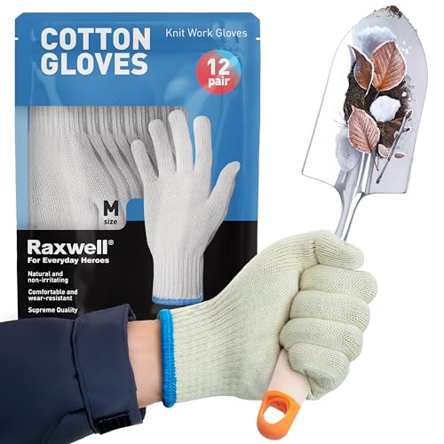 Raxwell White Cotton Gloves - Premium Knit Work Gloves, 12 pairs - Durable Liners for BBQ, Painting, Gardening, Industrial, & Mechanics, Natural Color, Size Medium - size: Medium, style: 12 Pairs