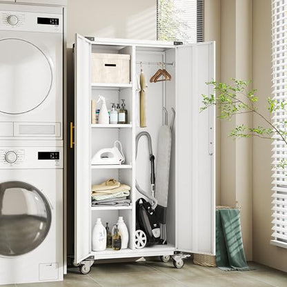Broom Closet Storage Cabinet, Metal Cleaning Cabinets with Hanging Rod and S-Hooks, Lockable Tool Cabinets, Utility Cabinet for Garden, Bathroom, Laundry Room, White - color: White