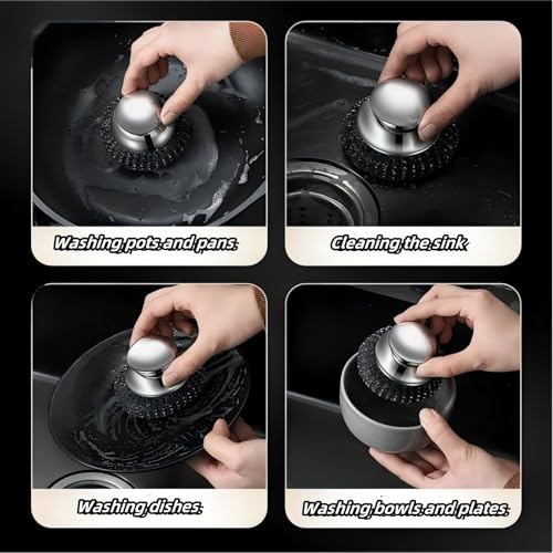 6Pcs Steel Wool Scrubber, Stainless Steel Scouring Pads with 2pcs Handle - Ultimate Cleaning Solution for Dishes, Kitchen Cleaning, Stoves, Pots and Pans, Grill, Wash Sink, Cleaning Dishes