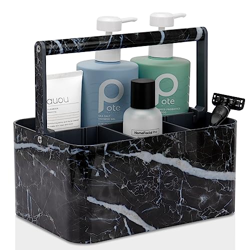 BYUNER Plastic Shower Caddy Dorm: Portable Bathroom Caddy Organizer for College with Handle and Adjustable Divider, Utility Hard Shower Basket Bath Tote for Toiletry, Shampoo, Soap (Black Marble) - color: Black Marble