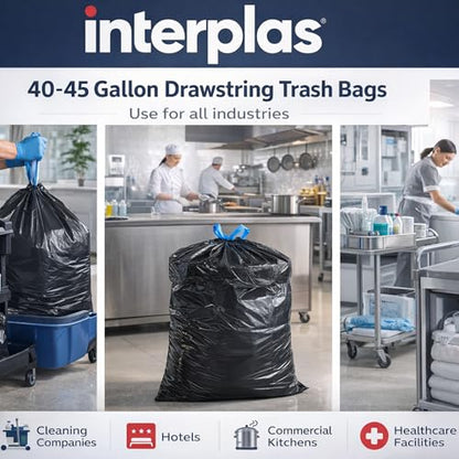(50 Count) 44 Gallon Trash Bags with Drawstring, Heavy Duty Fits 40-45 Gallon Bins, 1.2 Mil Industrial Strength for Janitorial, Hotels & Commercial Kitchen Waste-Multipurpose use-By Interplas.