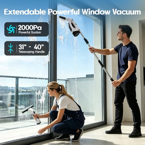 Window Vacuum Squeegee Cordless with Extension Pole 31-40", 2000Pa Window Cleaner Tool with 2200mAh & 150ml Dirty Water Tank, Reusable Cleaning Cloth Head, for Shower Door, High Window &Car Windshield