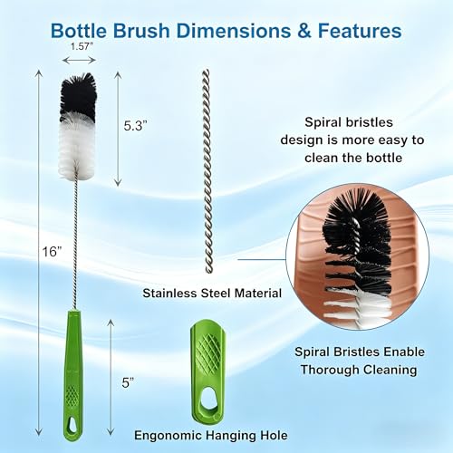 16" Long Handle Bottle Cleaning Brush - Narrow Neck Bottle Scrubber for Water Bottles, Flasks, Hummingbird Feeders, Wine Glasses, Meat Grinders & Pipes - Durable & Flexible - 2 Pack