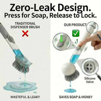 Soap Dispensing Dish Brush Set with 6 Adjustable Angles, No-Leak Kitchen Scrub Brush with Holder & Silicone Scraper, Heavy Duty Dish Wand for Pots, Pans, Sink & Countertop