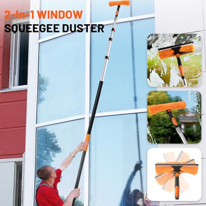 20ft High Reach Duster Kit with Extendable Pole (5-12ft),High Ceiling Duster Kit Includes–Ceiling Fan Blade Cleaner, Cobweb Remover, Bendable Duster, Microfiber Glass Scrubber & Squeegee & Swivel Head - size: 12 feet