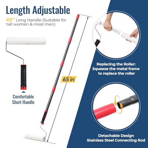 Lint Rollers for Pet Hair Extra Sticky, 9.45" Wide Large Lint Roller, 240 Adhesive Sheets Rollers, 65" Long Handle Sticky Mop for Carpets, Floor, Couch, Bed Sheets, Home Cleaning, Loving Pet Owners - size: 65" (1 Roller + 4 Refills (Wide: 9.45 in)