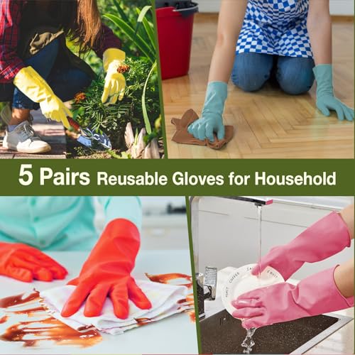 Rubber Cleaning Gloves 5 Pairs Kitchen Dishwashing Gloves Reusable for Household Washing Dishes Cleaning Gardening, Non-Slip Water Resistant Dish Gloves for Women Men Medium - size: Medium