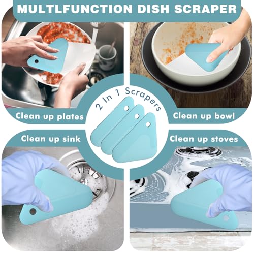 Food Scraper, 2-in-1 Pot and Pan Dish Scraper, Nylon and Silicone, Kitchen Scraper Tools for Cast Iron Skillets, Cookware, Dishes, Pans and Pots, Heat Resistant, Set of 3, Blue - color: All Blue