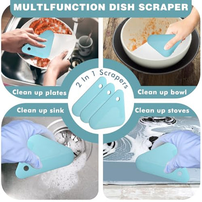 Food Scraper, 2-in-1 Pot and Pan Dish Scraper, Nylon and Silicone, Kitchen Scraper Tools for Cast Iron Skillets, Cookware, Dishes, Pans and Pots, Heat Resistant, Set of 3, Blue - color: All Blue