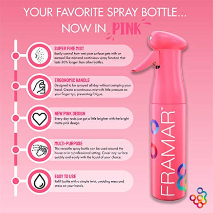 FRAMAR Premium Hair Mister Spray Bottle – Continuous Spray Bottle For Hair, Water Sprayer, Continuous Mister for Salon Supplies – Ultra Fine Mist – Pink 250 ml - color: Pink