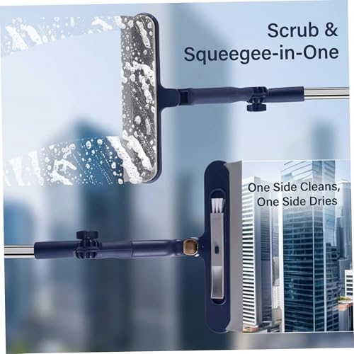 Window Squeegee with Extension Pole, Adjustable Telescopic Window Cleaner Tool with 180° Rotating Head Scrubber and Squeegee for Indoor Outdoor