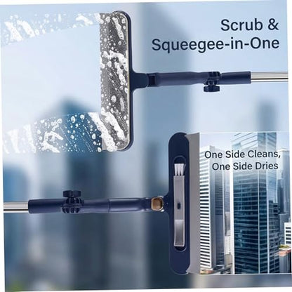 Window Squeegee with Extension Pole, Adjustable Telescopic Window Cleaner Tool with 180° Rotating Head Scrubber and Squeegee for Indoor Outdoor
