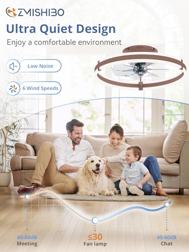 ZMISHIBO Ceiling Fans with Lights and Remote, 19.7'' Low Profile Ceiling Fan, 3000-6000K Dimmable Modern Flush Mount LED Fan Light, 6 Wind Speeds, Brown Fandelier Ceiling Fans for Bedroom - color: Brown, size: 19.7 INCH
