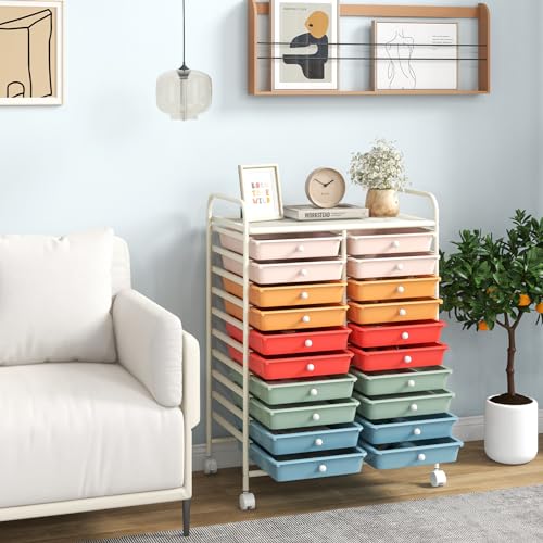 DREAMADE Rolling Cart With Storage Drawers, Utility Cart With Removable Plastic Drawers, Lockable Wheels for Classroom Organization, Art Supplies, Office, Scrapbook (20 Drawers, Macaron) - color: Macaron, style: 20 Drawers